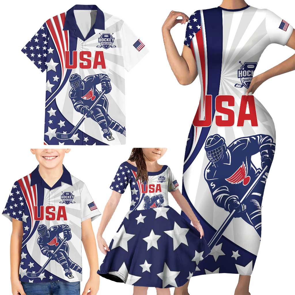 Custom United States Ice Hockey Family Matching Short Sleeve Bodycon Dress and Hawaiian Shirt USA Go Champions