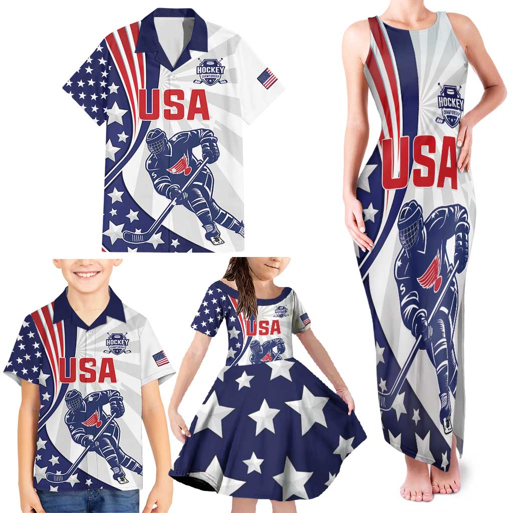 Custom United States Ice Hockey Family Matching Tank Maxi Dress and Hawaiian Shirt USA Go Champions