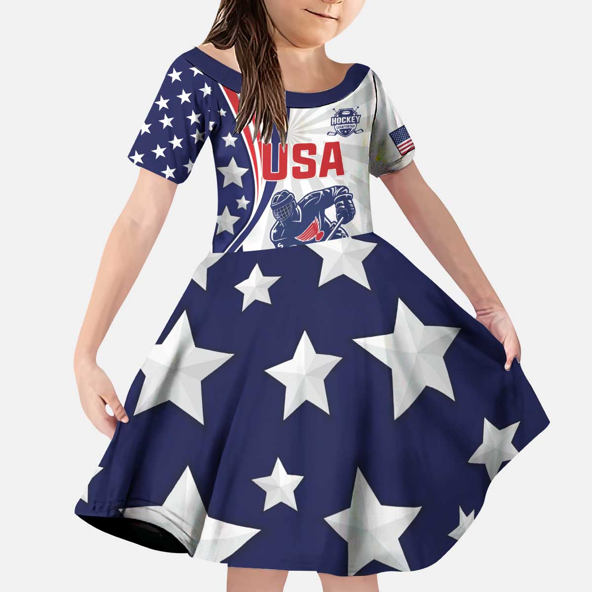 Custom United States Ice Hockey Kid Short Sleeve Dress USA Go Champions