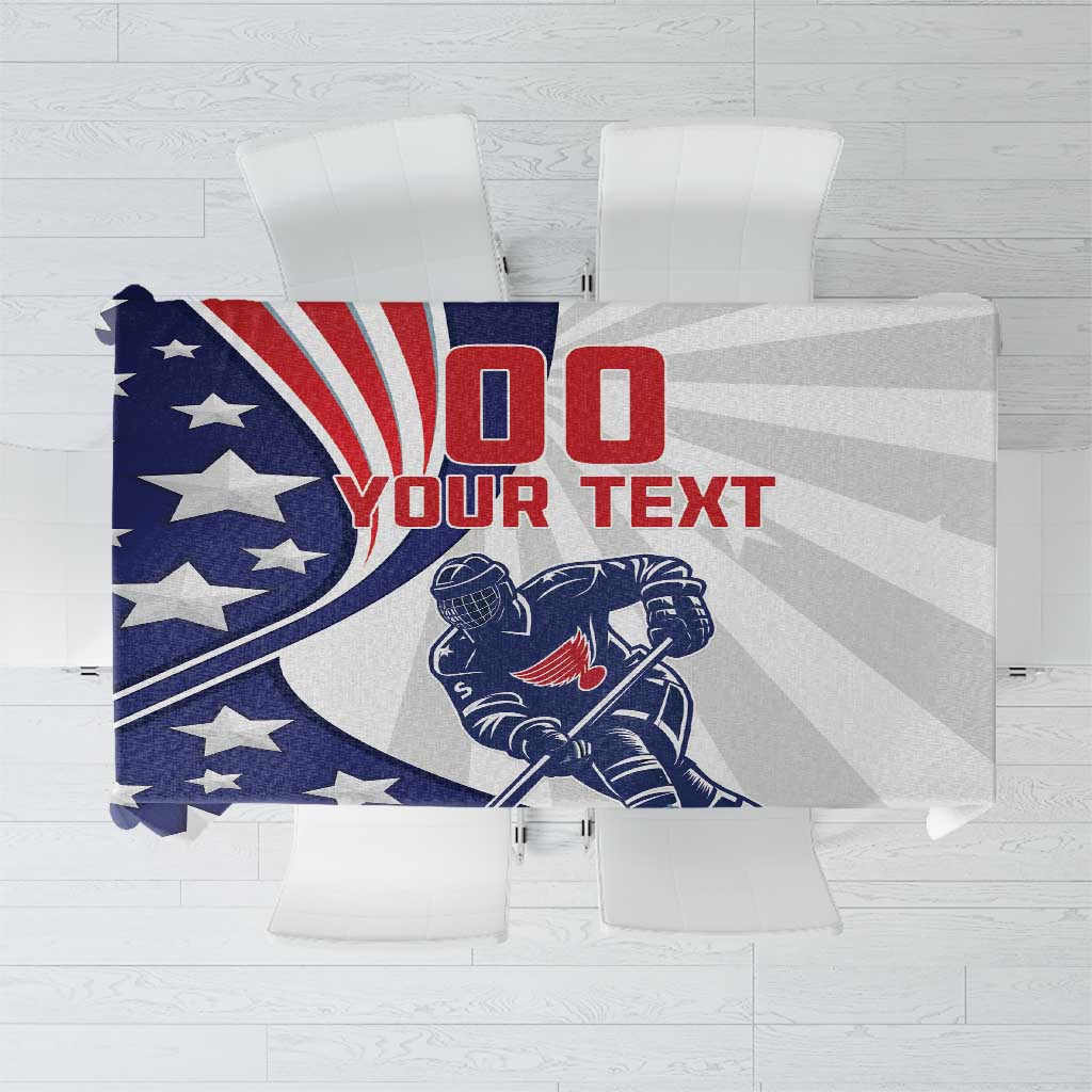 Custom ice hockey tablecloth featuring US flag, star background, helmet, and 'Your Text'