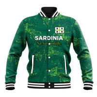 Green varsity football baseball jacket with ribbed stripes and front SARDINIA print