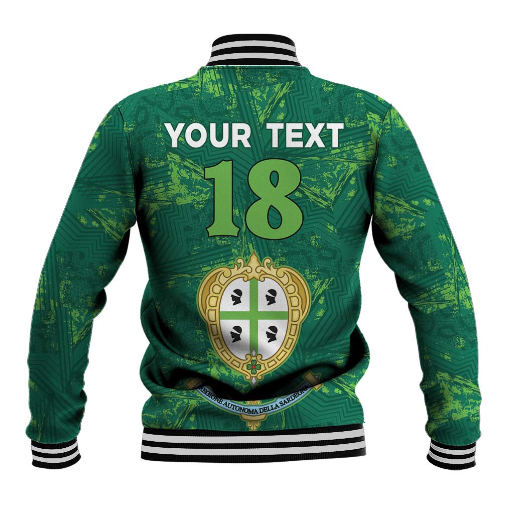 Green varsity football baseball jacket with back YOUR TEXT 18 and crest graphic