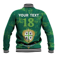 Green varsity football baseball jacket with back YOUR TEXT 18 and crest graphic