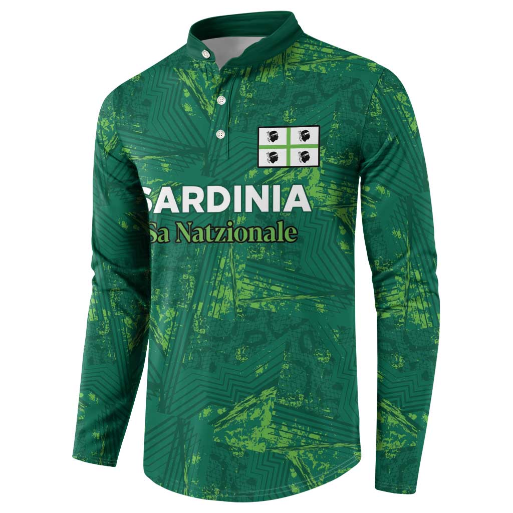 Green football button sweatshirt with Sardinia Sa Natzionale text and chest crest patch