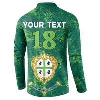 Green football button sweatshirt back with YOUR TEXT and number 18 crest emblem