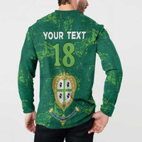 Green football button sweatshirt back with YOUR TEXT 18 and crest badge