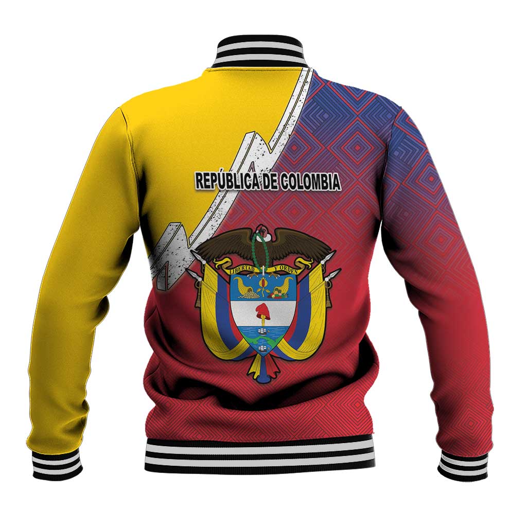 Back of multicolor baseball jacket with Colombia coat-of-arms crest and striped collar