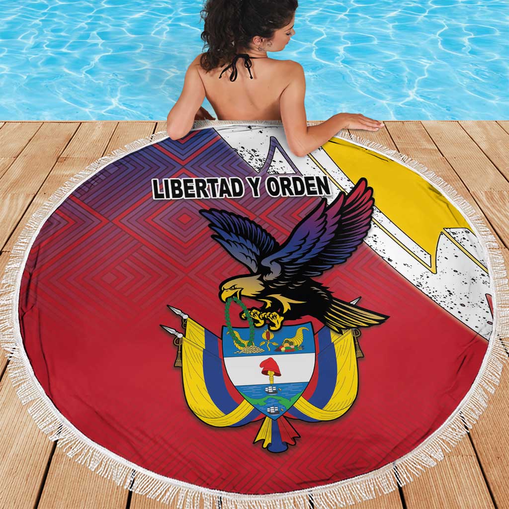 Round beach blanket with fringe, red and yellow coat-of-arms folk pattern, 'LIBERTAD Y ORDEN'