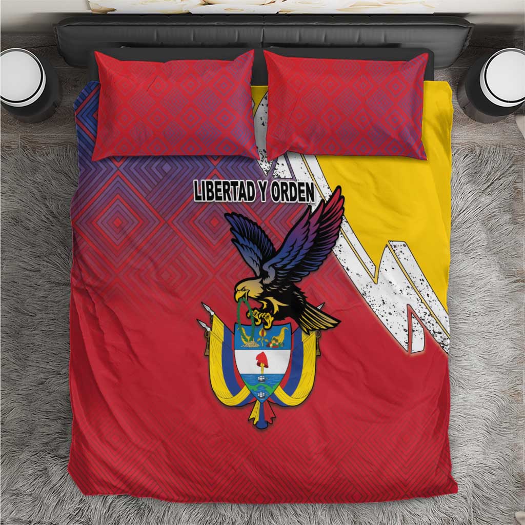 Flag-style duvet with Colombia crest, blue diamond pattern, and yellow side panel; 2 red pillows