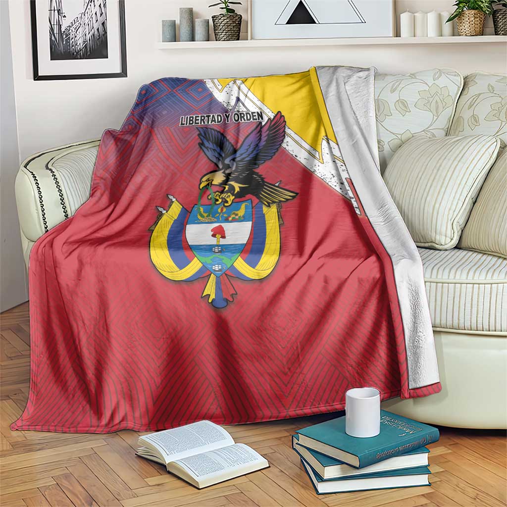 Flag-style folk blanket with Colombia coat of arms, red base, blue eagle, yellow corner panel