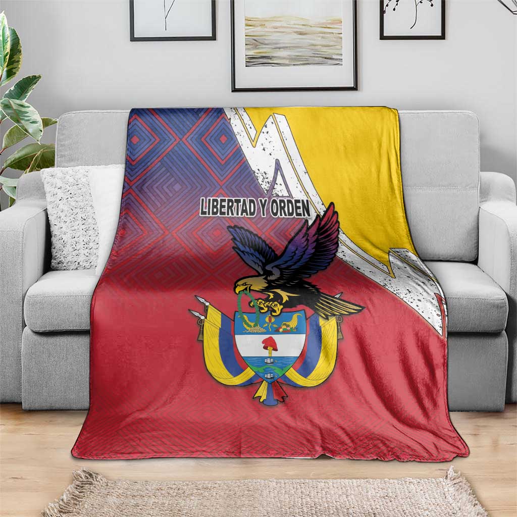 Flag-style folk throw blanket with Colombia crest, red fabric and yellow top section