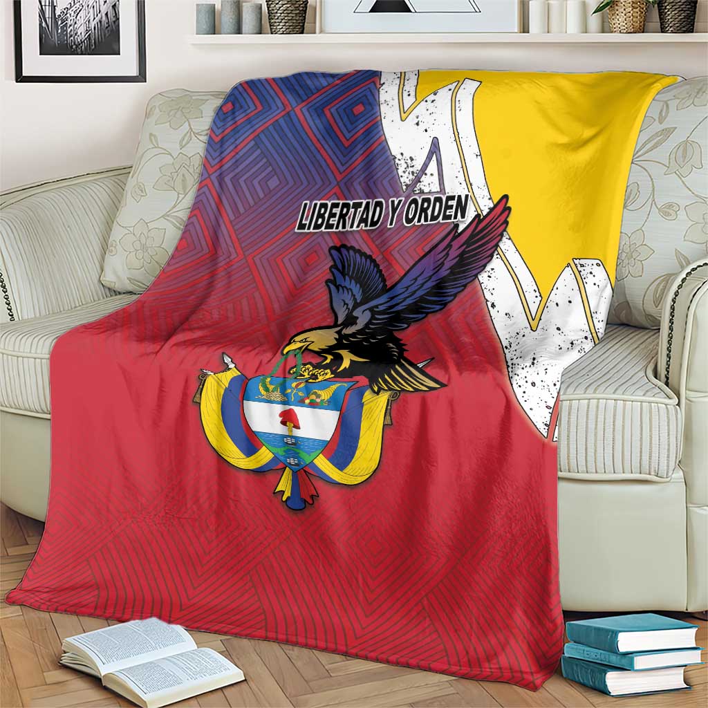 Flag-style folk blanket with Colombia coat of arms, red-blue geometric pattern, yellow edge