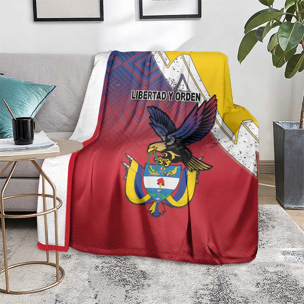 Flag-style folk blanket featuring Colombia crest and eagle, red center with yellow side