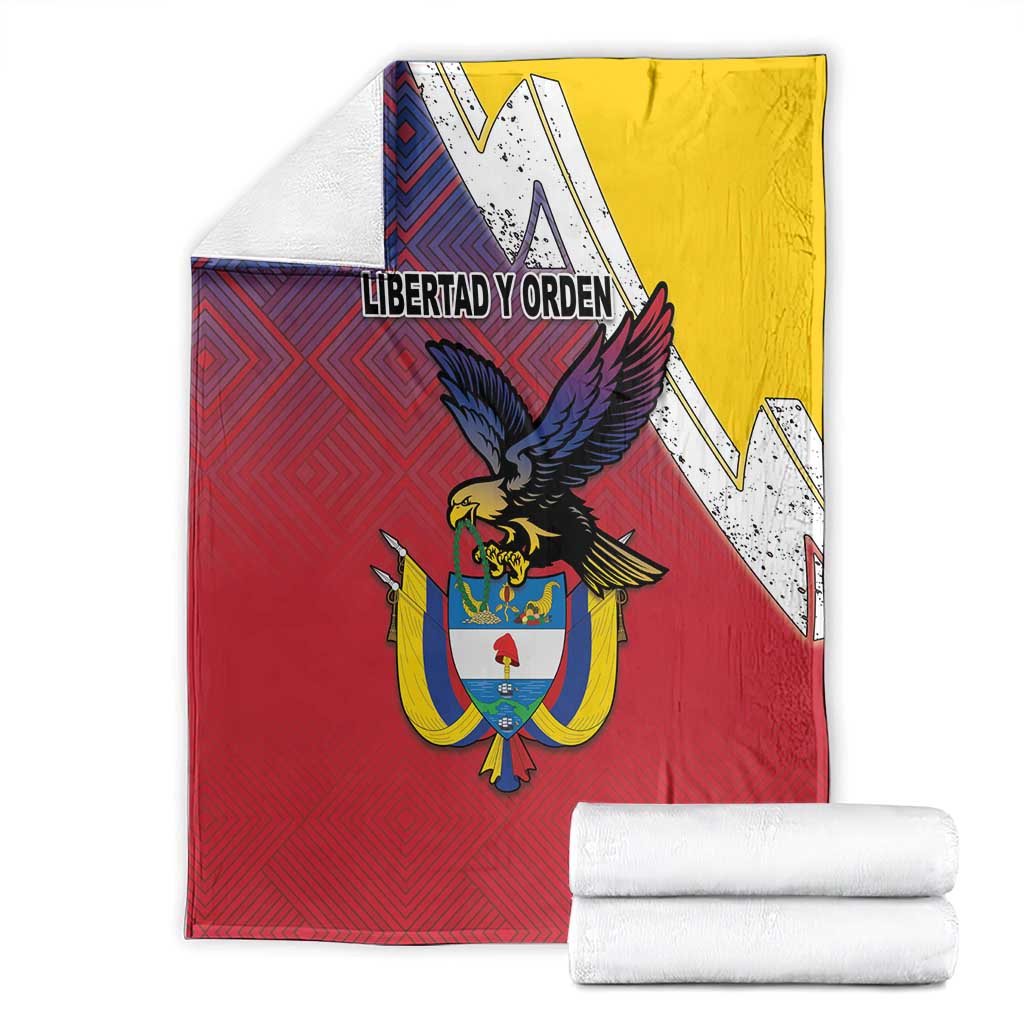 Flag-style folk blanket with Colombia crest, red blue yellow, and white lightning pattern