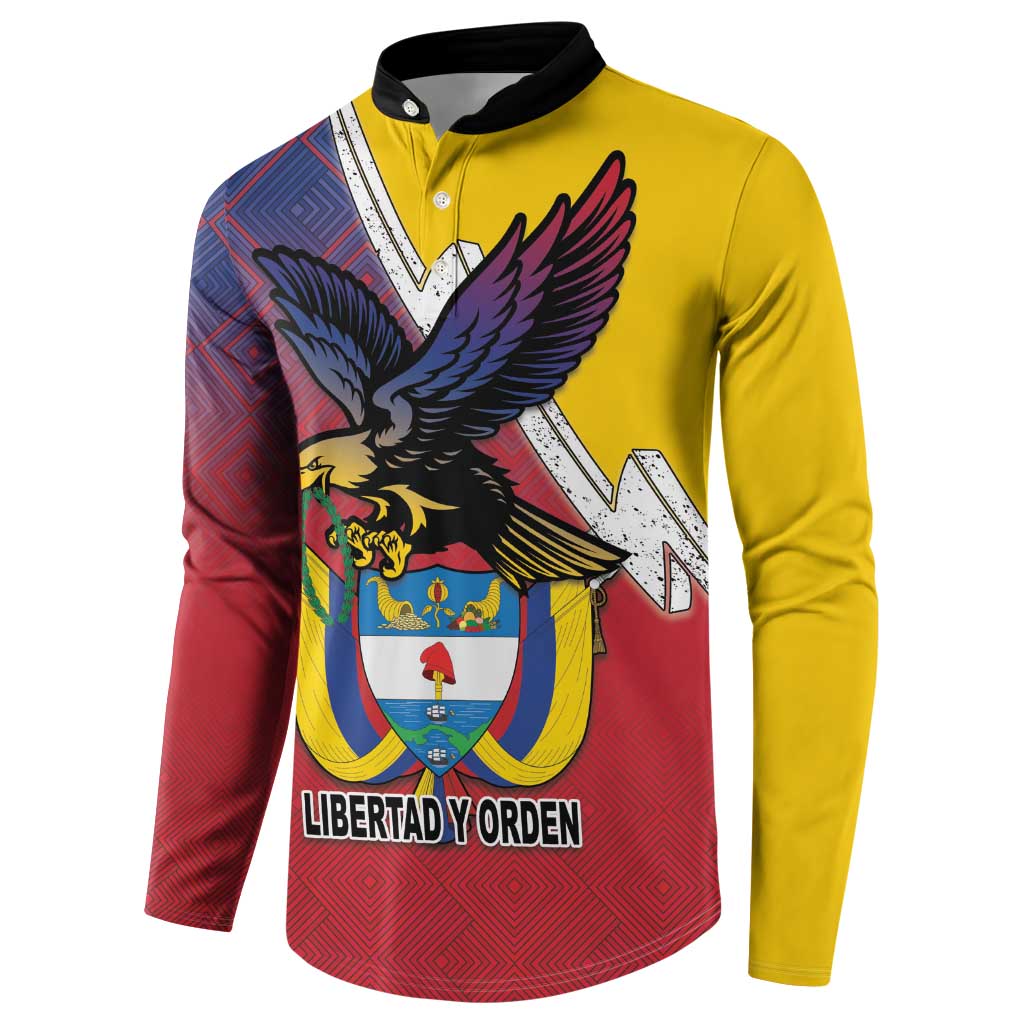 Men's yellow folk-collar button sweatshirt with eagle crest and flag-style folk pattern