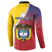 Colombia coat of arms sweatshirt, back view, yellow, red and blue with folk pattern