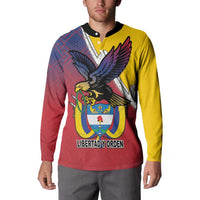 Men's yellow-red eagle crest button sweatshirt with black collar, full front print