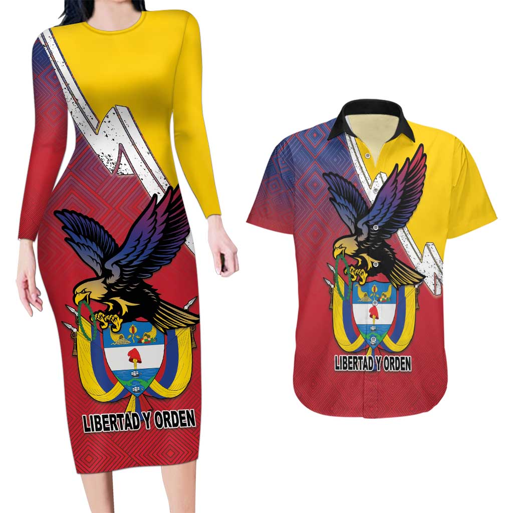 Colombia Coat Of Arms Couples Matching Long Sleeve Bodycon Dress and Hawaiian Shirt With Flag Style And Folk Pattern - Wonder Print Shop