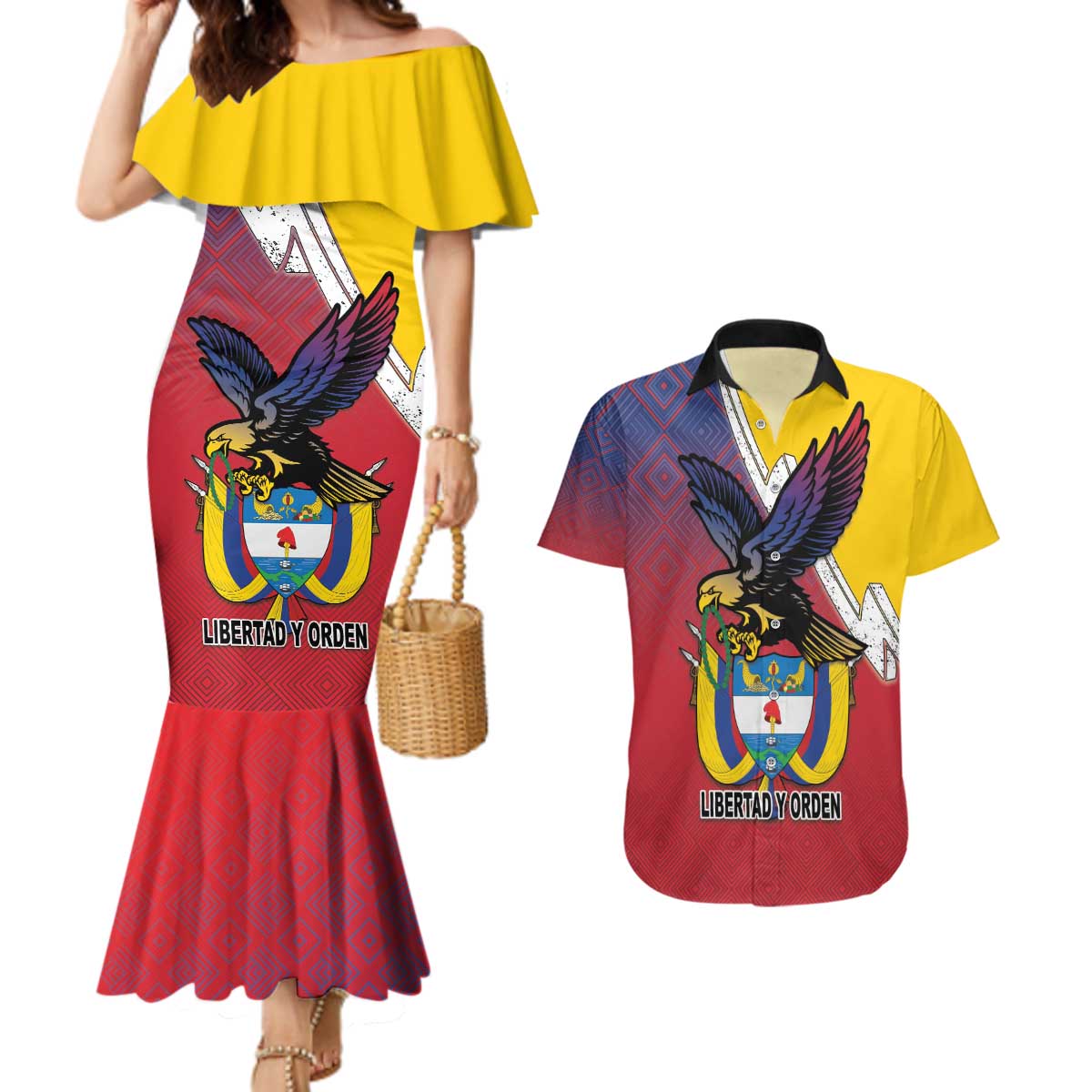 Colombia Coat Of Arms Couples Matching Mermaid Dress and Hawaiian Shirt With Flag Style And Folk Pattern - Wonder Print Shop