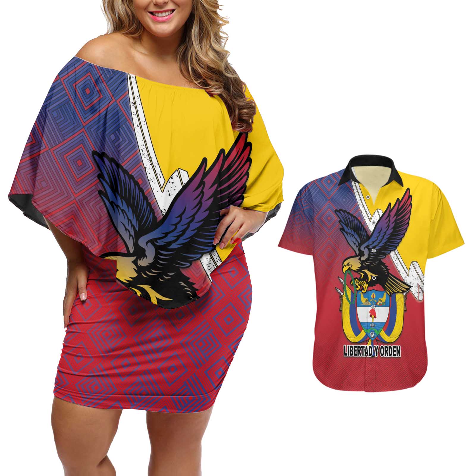 Colombia Coat Of Arms Couples Matching Off Shoulder Short Dress and Hawaiian Shirt With Flag Style And Folk Pattern - Wonder Print Shop