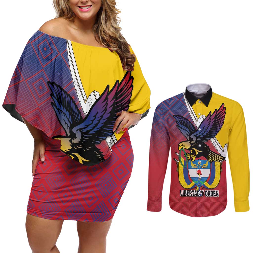 Colombia Coat Of Arms Couples Matching Off Shoulder Short Dress and Long Sleeve Button Shirt With Flag Style And Folk Pattern - Wonder Print Shop