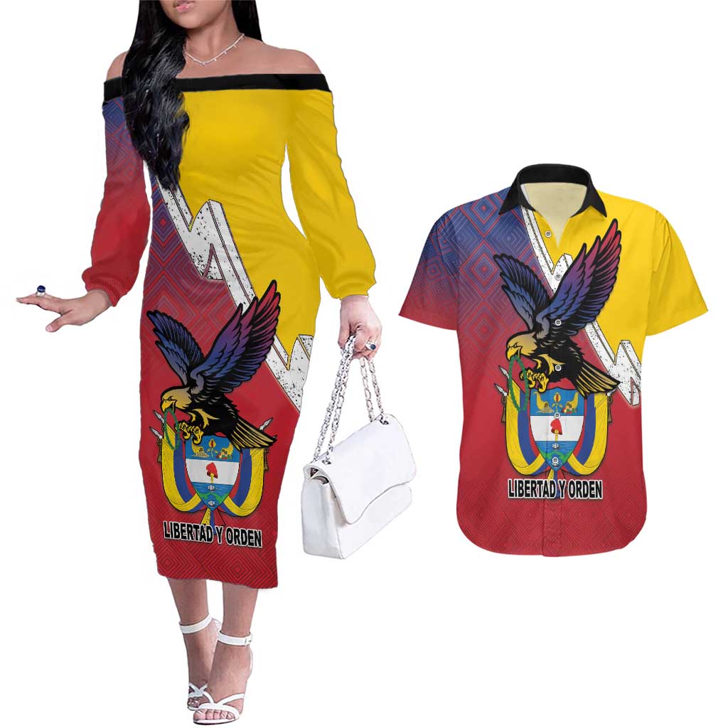 Colombia Coat Of Arms Couples Matching Off The Shoulder Long Sleeve Dress and Hawaiian Shirt With Flag Style And Folk Pattern - Wonder Print Shop