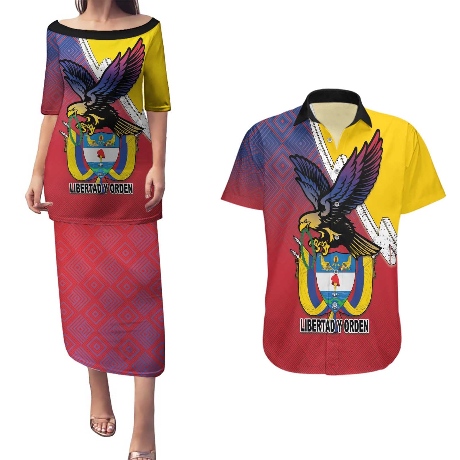 Colombia Coat Of Arms Couples Matching Puletasi and Hawaiian Shirt With Flag Style And Folk Pattern - Wonder Print Shop