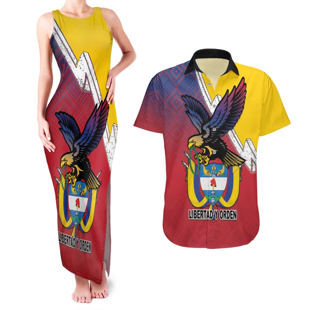 Colombia Coat Of Arms Couples Matching Tank Maxi Dress and Hawaiian Shirt With Flag Style And Folk Pattern - Wonder Print Shop