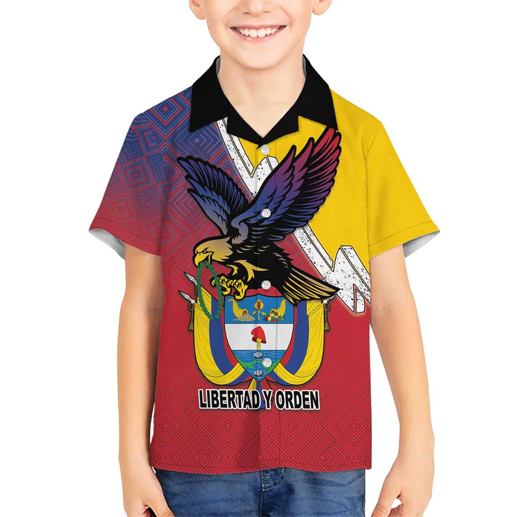 Colombia Coat Of Arms Kid Hawaiian Shirt With Flag Style And Folk Pattern - Wonder Print Shop