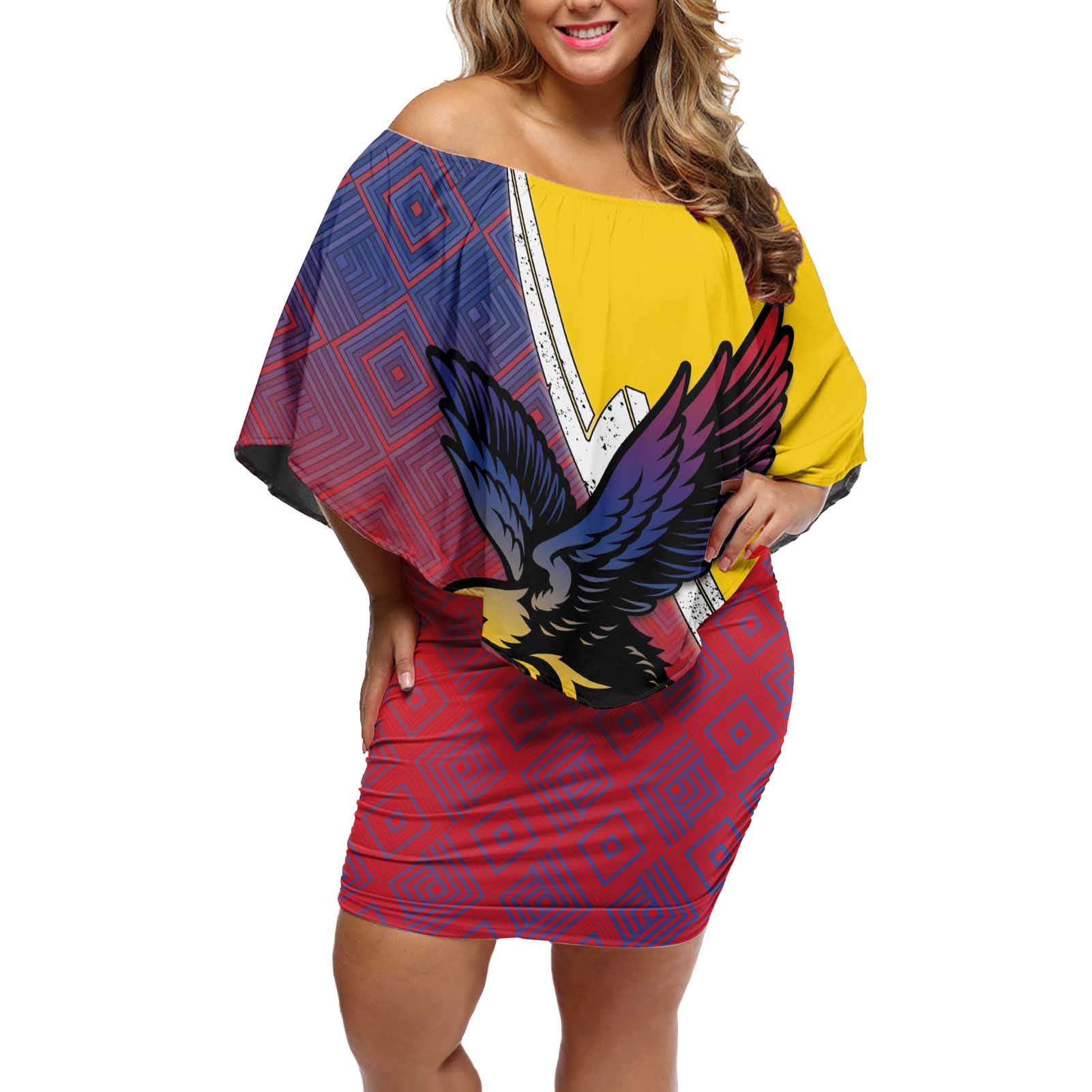 Colombia Coat Of Arms Off Shoulder Short Dress With Flag Style And Folk Pattern - Wonder Print Shop