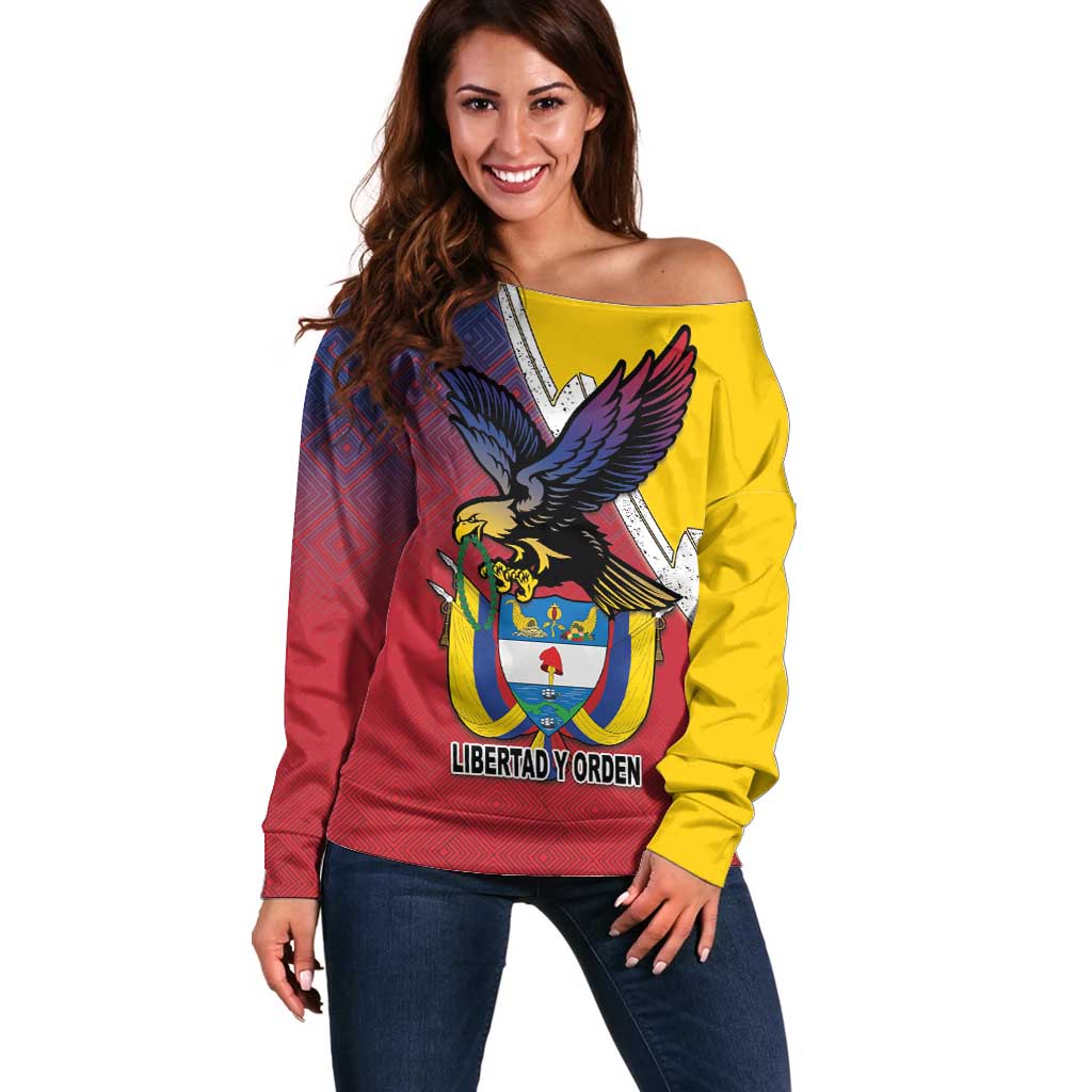 Colombia Coat Of Arms Off Shoulder Sweater With Flag Style And Folk Pattern - Wonder Print Shop