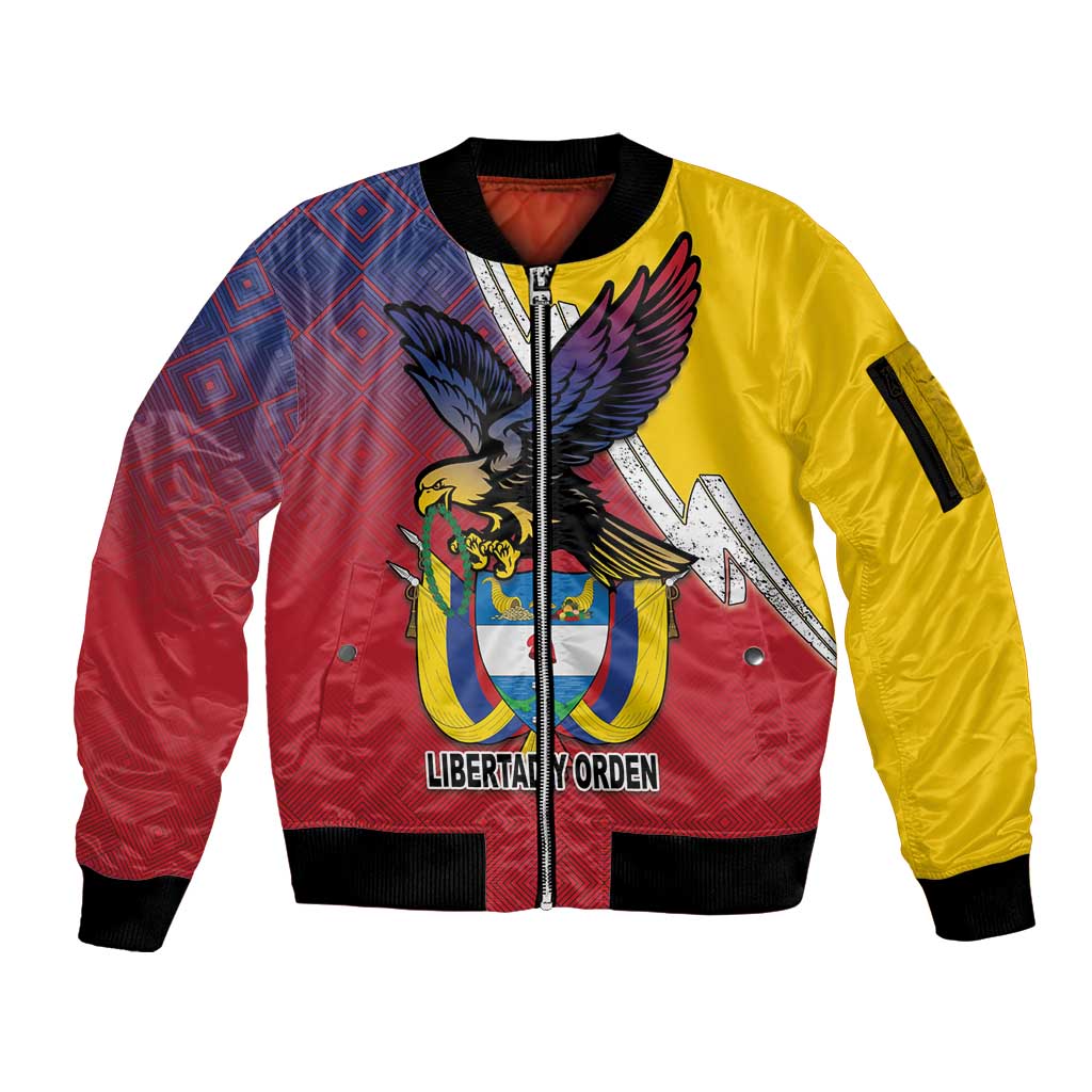 Colombia Coat Of Arms Sleeve Zip Bomber Jacket With Flag Style And Folk Pattern - Wonder Print Shop