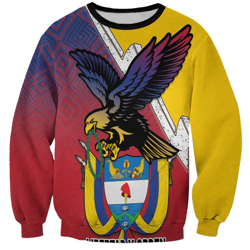 Yellow crewneck sweatshirt with multicolor eagle crest and folk flag pattern, long sleeves