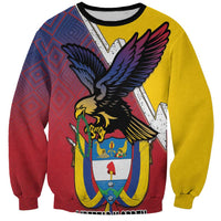 Yellow crewneck sweatshirt with multicolor eagle crest and folk flag pattern, long sleeves