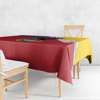 Red folk-pattern tablecloth with Colombian crest motif and yellow side border panel