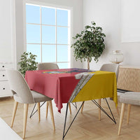 Rectangular tablecloth in red with folk geometric pattern, Colombian crest and yellow panel