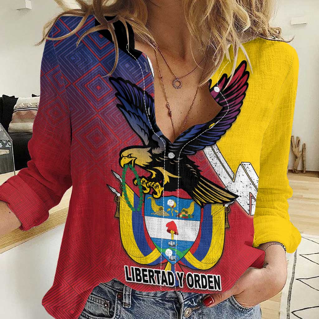 Colombia Coat Of Arms Women Casual Shirt With Flag Style And Folk Pattern - Wonder Print Shop