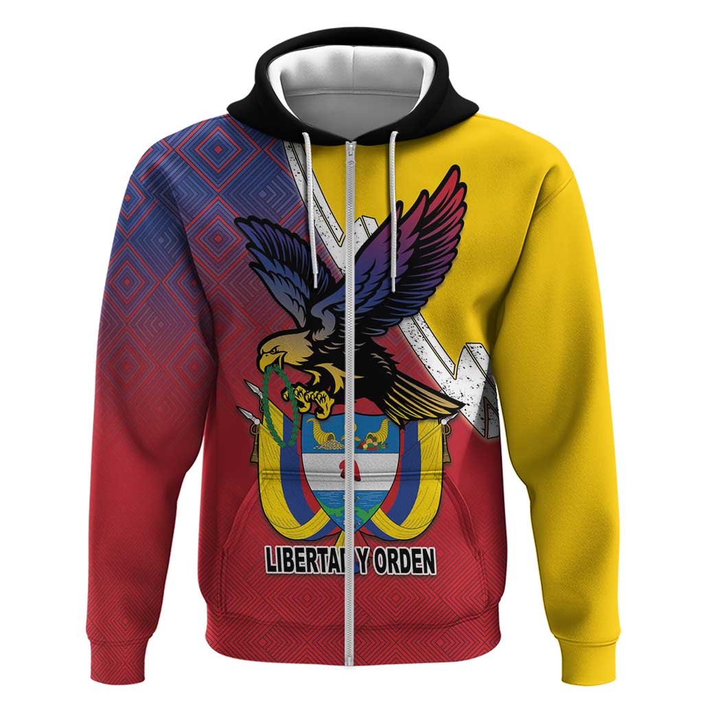 Colombia Coat Of Arms Zip Hoodie With Flag Style And Folk Pattern - Wonder Print Shop