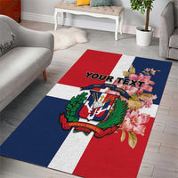 Red, blue, and white flag-style personalized area rug with crest, floral accents, and YOUR TEXT