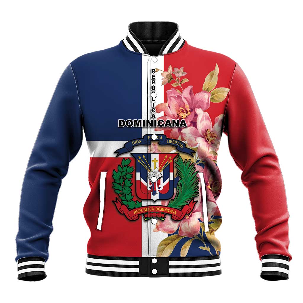 Red and navy baseball jacket with floral crest graphic and ribbed striped collar