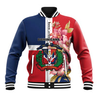 Red and navy baseball jacket with floral crest graphic and ribbed striped collar