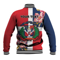 Red and navy baseball jacket back with floral crest, 'YOUR TEXT', striped rib collar