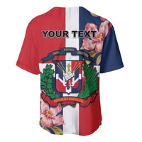 Red and blue baseball jersey with floral print, Dominican crest, and custom 'YOUR TEXT'.