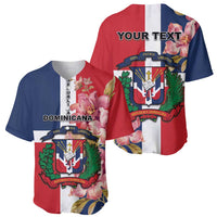 Red and blue baseball jersey with floral print, Dominican crest, and 'YOUR TEXT' on front.