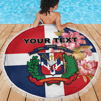 Round beach blanket with fringe edge, Dominican coat-of-arms graphic, custom text
