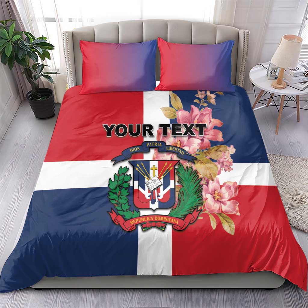 Personalized bedding set with Dominican Republic flag design, red white blue, crest and floral, custom text
