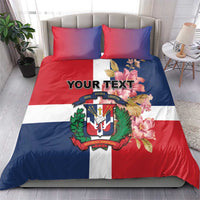 Personalized bedding set with Dominican Republic flag design, red white blue, crest and floral, custom text