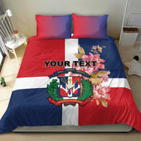 Personalized bedding set featuring red white blue flag print, floral details, crest emblem, custom text