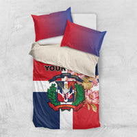 Personalized bedding set with Dominican Republic flag pattern, crest, pink flowers, and custom text