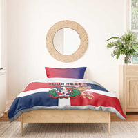 Personalized bedding set with Dominican Republic crest and flowers on red white blue flag print, custom text